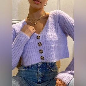 Fuzzy purple lilac crop cardigan brown button front size S NWT